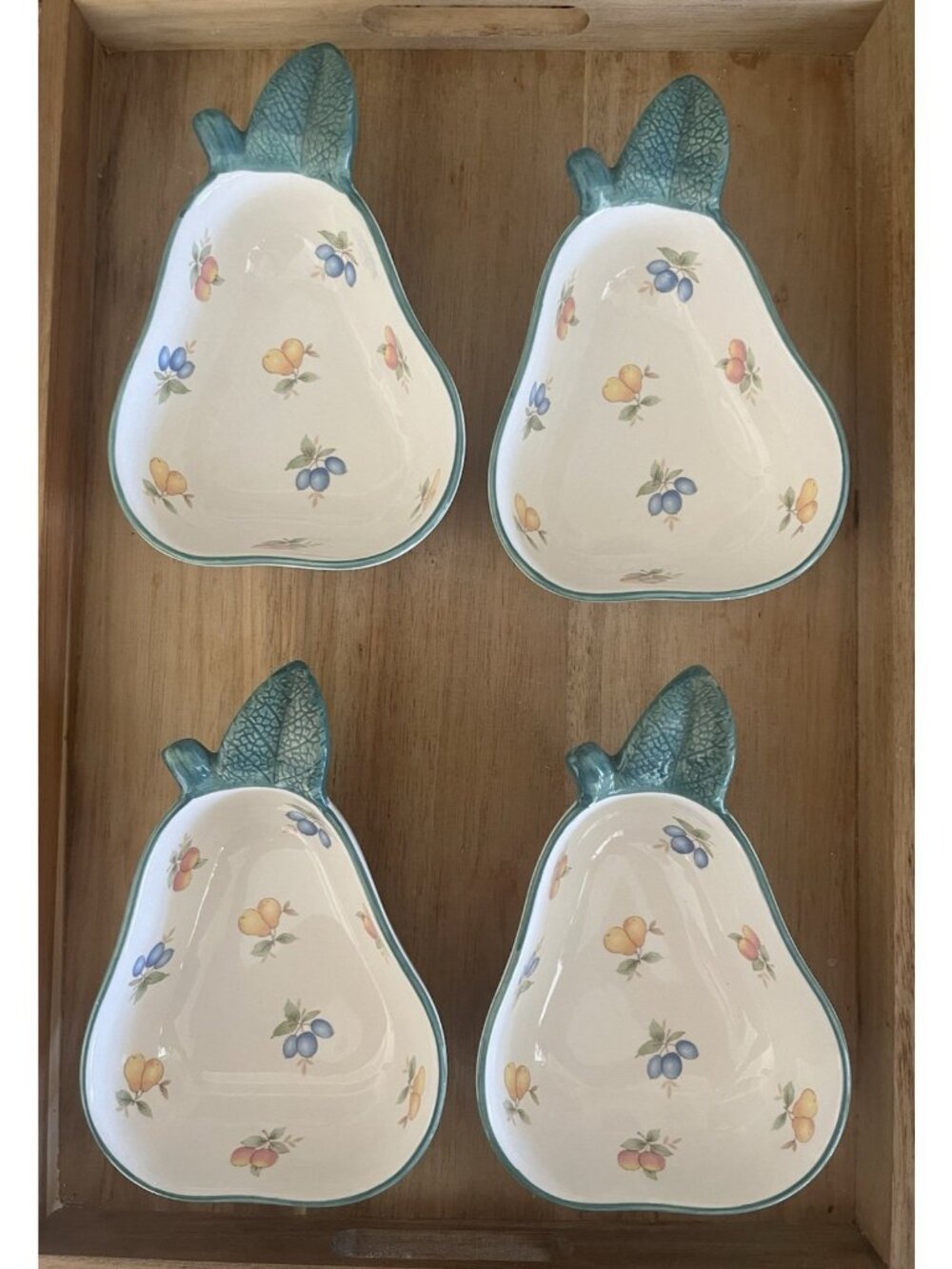 Vtg Japan set of 4 pear shape fruit motif dishes snack bowls plates porcelain